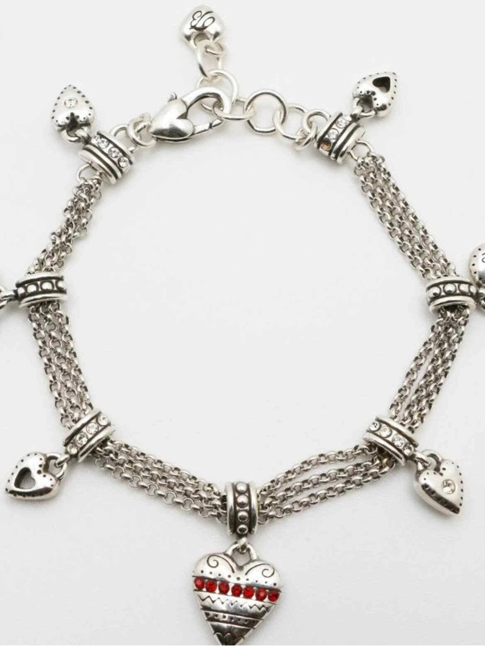 Brighton Raining Hearts Silver Plated Red Crystal Charm Bracelet